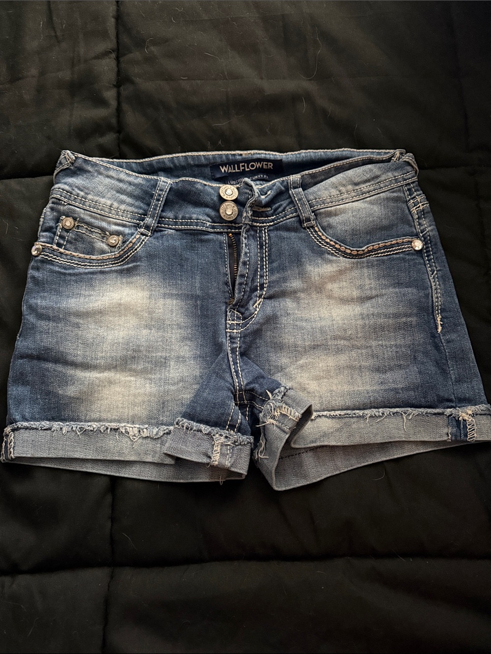 Wallflower Distressed Light-Mid Wash Denim Cutoff Shorts